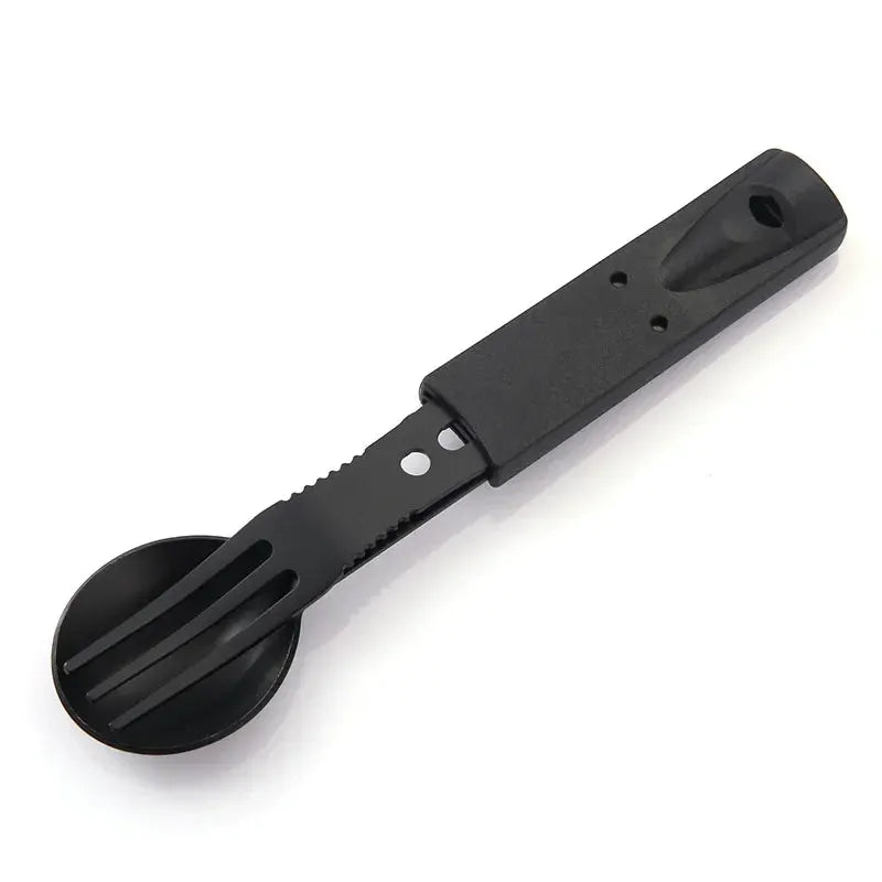 Portable camping utensil set with folding spoon and fork, stainless steel, black handle