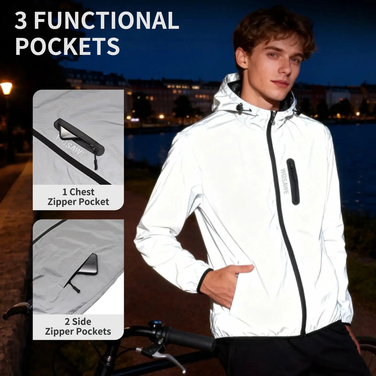 WOSAWE men's reflective white hooded windbreaker jacket with 3 zipper pockets (1 chest, 2 side).