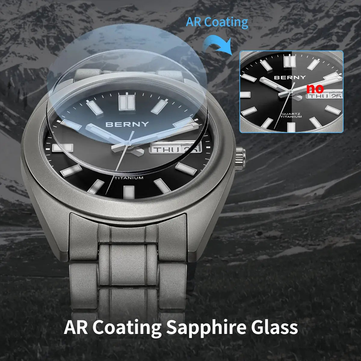 BERNY titanium men's wristwatch with AR-coated sapphire glass and titanium bracelet, black dial