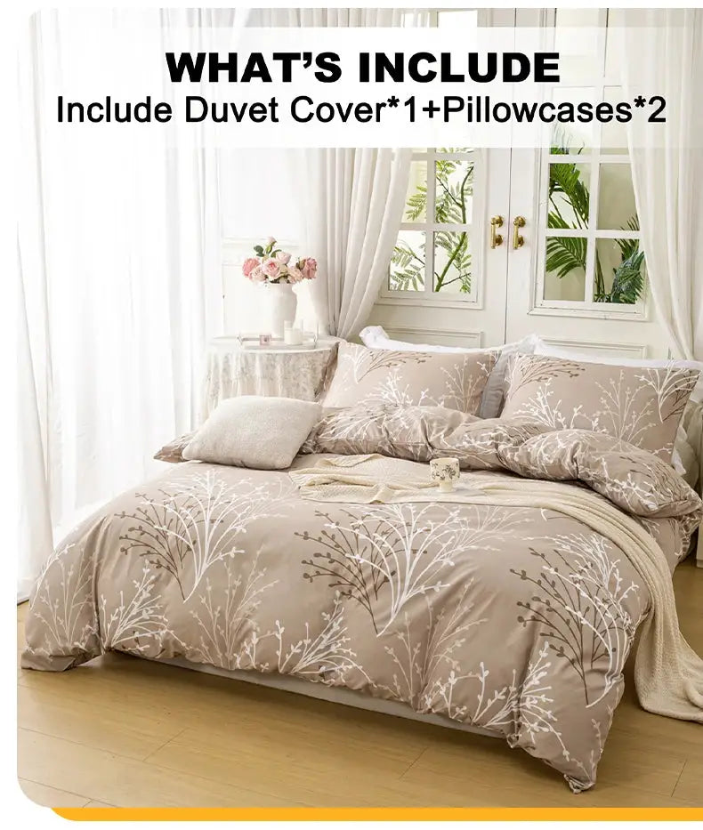 3-piece Leaf Floral Duvet Cover Set in taupe with white botanical print; includes 1 duvet cover and 2 pillowcases
