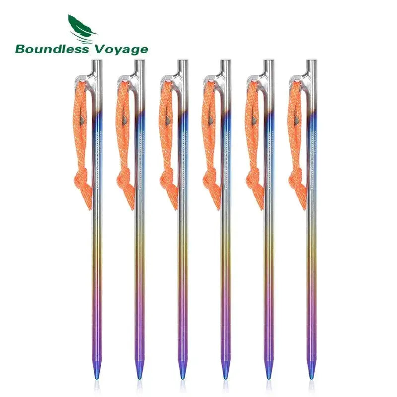 Boundless Voyage heavy-duty titanium alloy tent stakes, 6-pack, with orange cords for outdoor camping