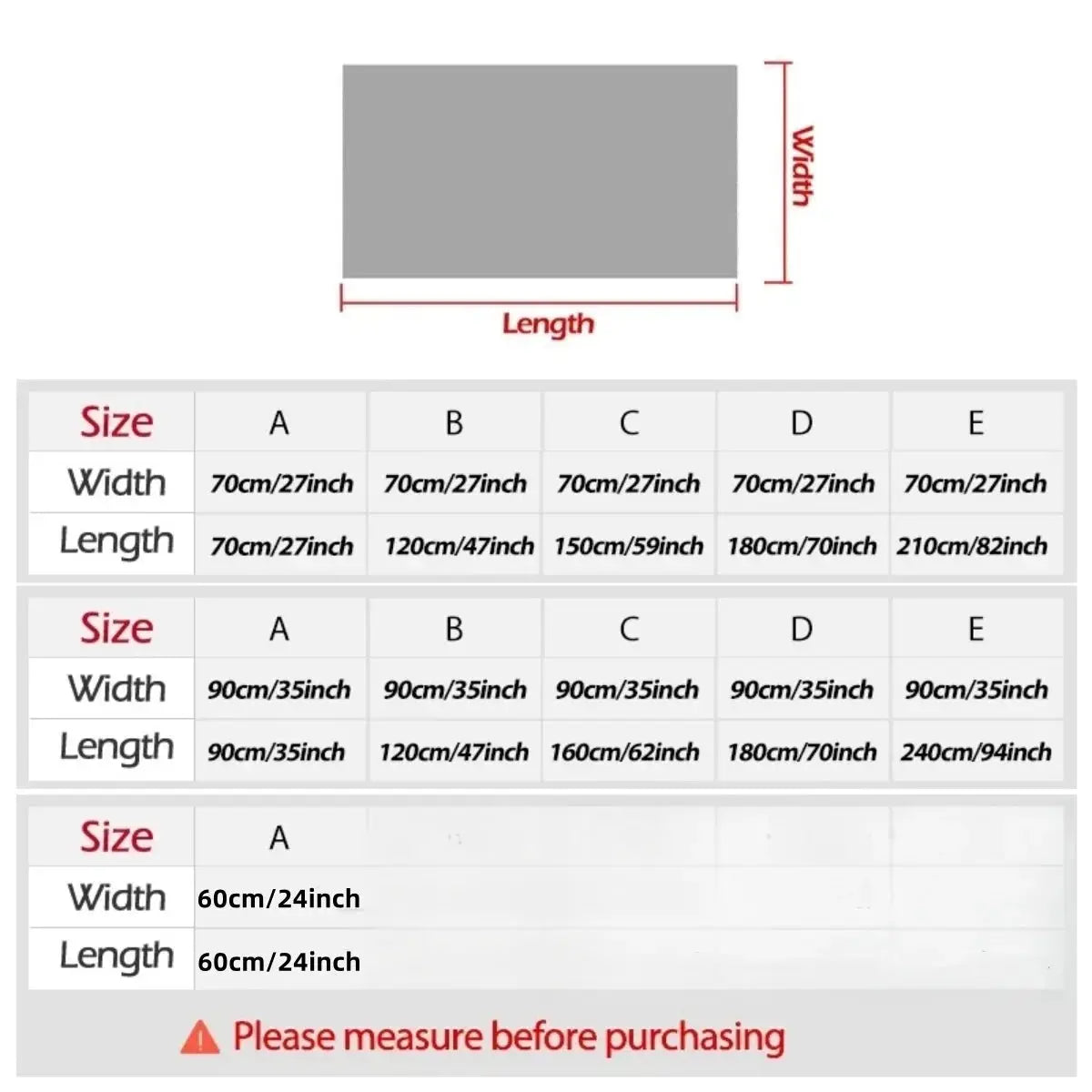Simples Market Bohemian Jacquard Chenille sofa cover size chart with A–E options: 60×60 cm, 70×70–210 cm, 90×90–240 cm.