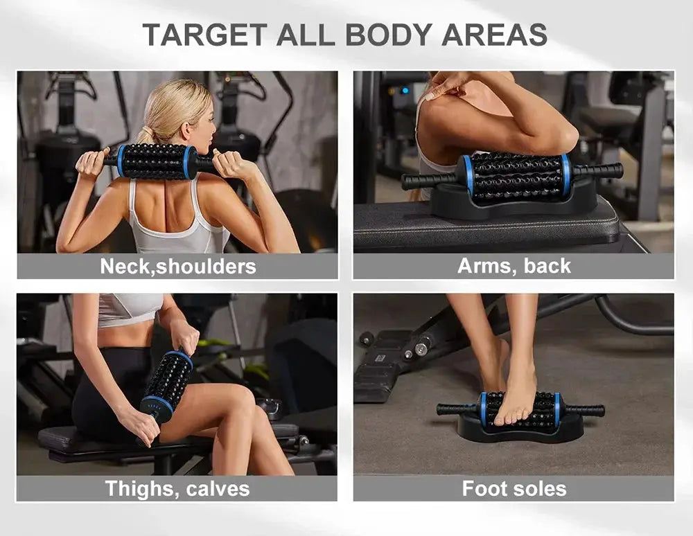 Simples Market cordless roller massager; black with blue accents, for neck and shoulders, back, legs, and feet.