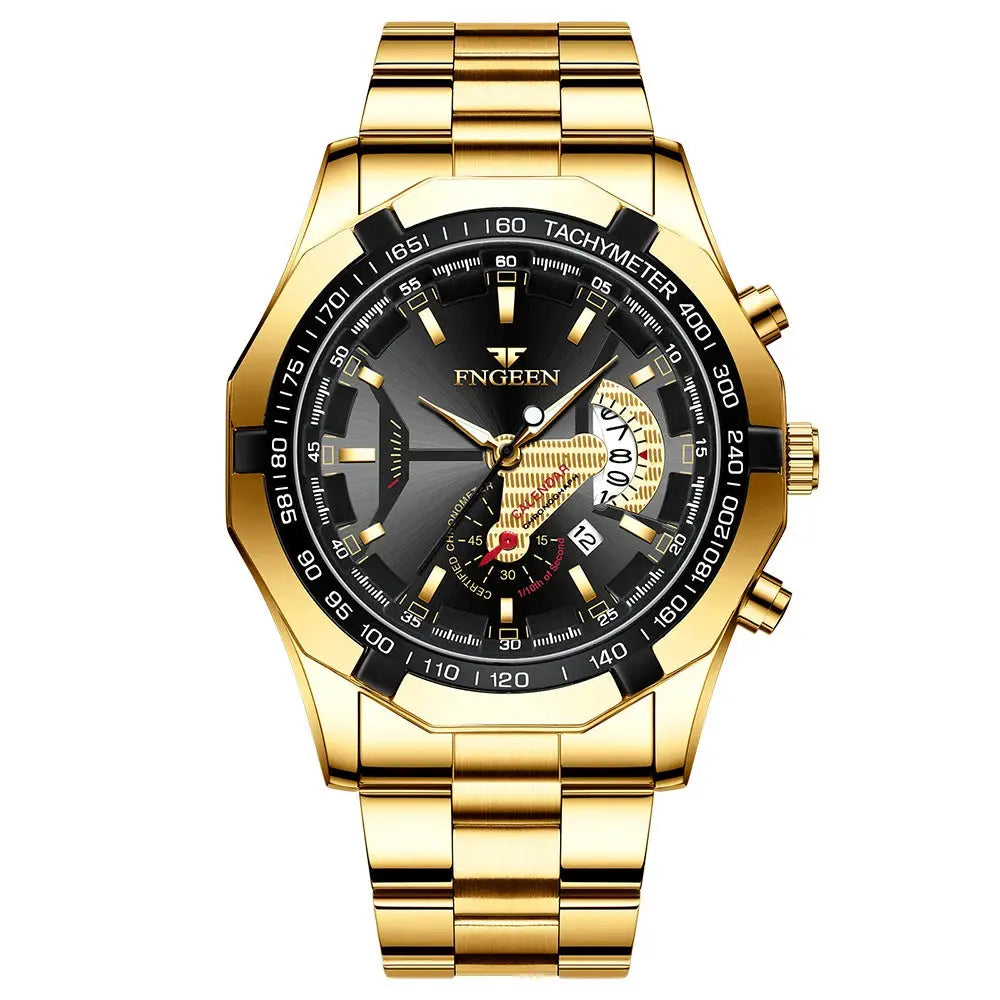 FNGEEN gold-tone stainless steel men's wristwatch with black tachymeter bezel and skeleton dial