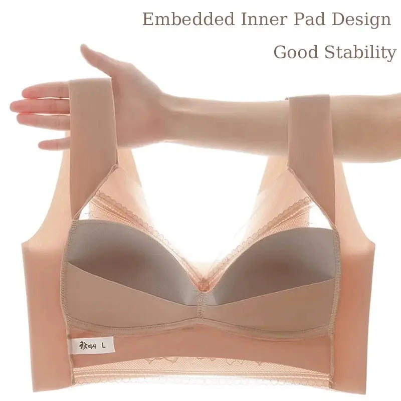 Womens lace bralette push-up bra in nude peach ice-silk fabric, plus size L-5XL.