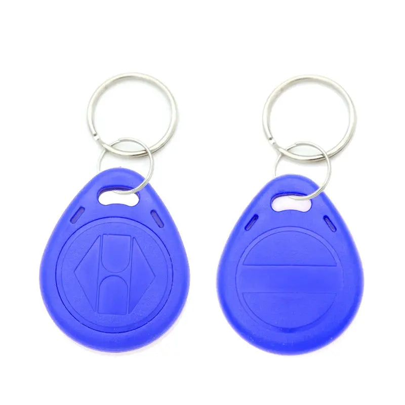 Two blue EM4305 125kHz RFID keyfobs with metal key rings, Simples Market