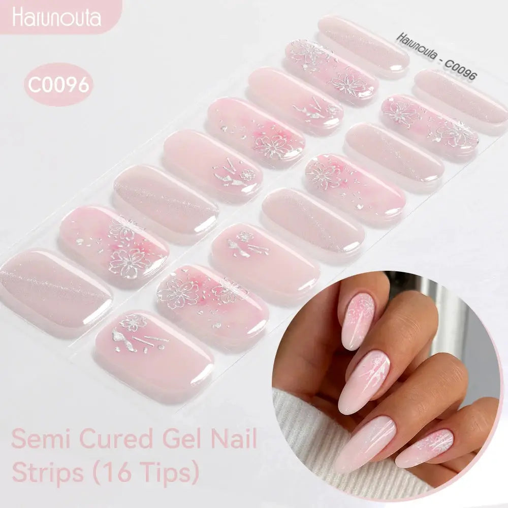 Gradient auroras semi-cured gel nail strips, 16 pink gradient tips with white floral designs Harunouta