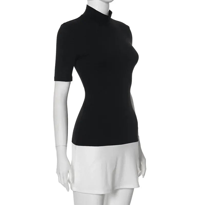 Tossy Summer Mini Dress High Waist Short Sleeve Bodycon Patchwork