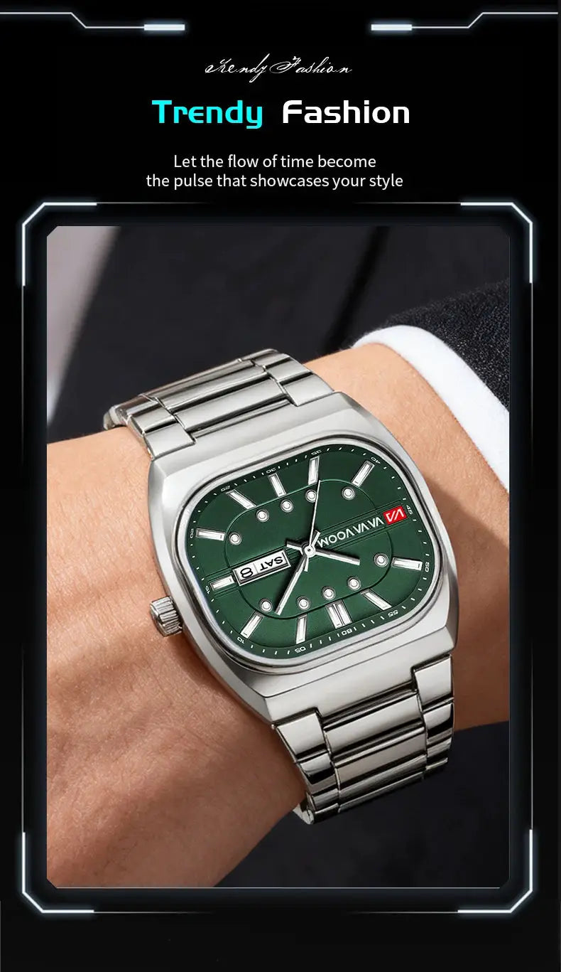 Men's square 40mm stainless steel watch with green dial, analog quartz movement and metal bracelet