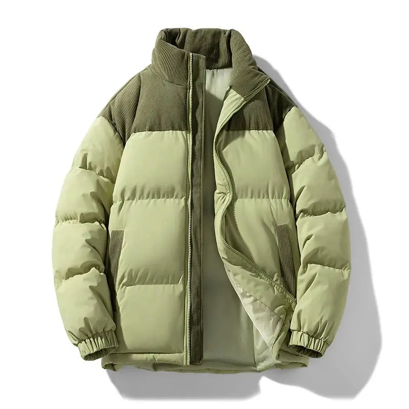 Men's color-block puffer jacket, olive and sage green, thick quilted winter coat