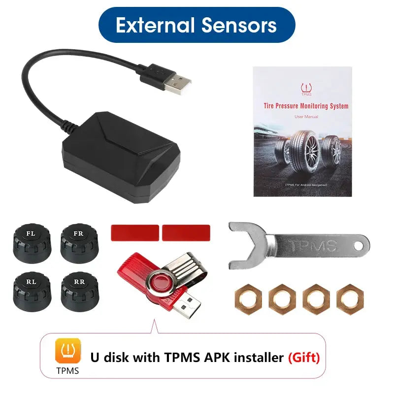 TPMS tire pressure monitoring kit with 5 external sensors, USB display dongle, wrench, red caps and nuts, manual
