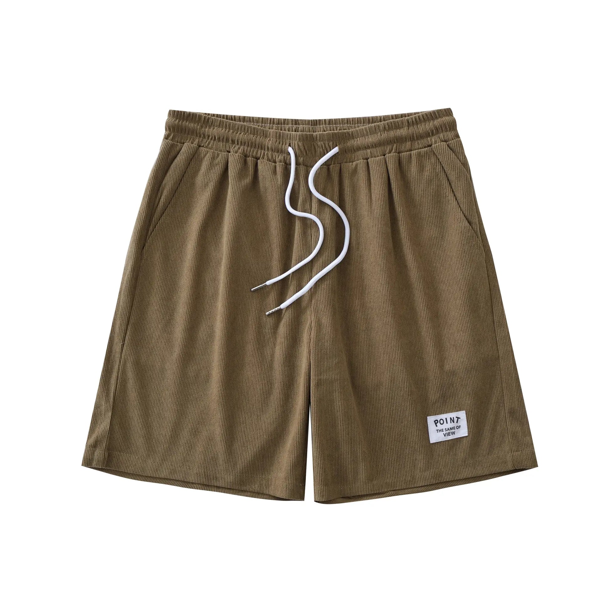 Men's brown corduroy shorts with white drawstring, lightweight loose-fit beach shorts.