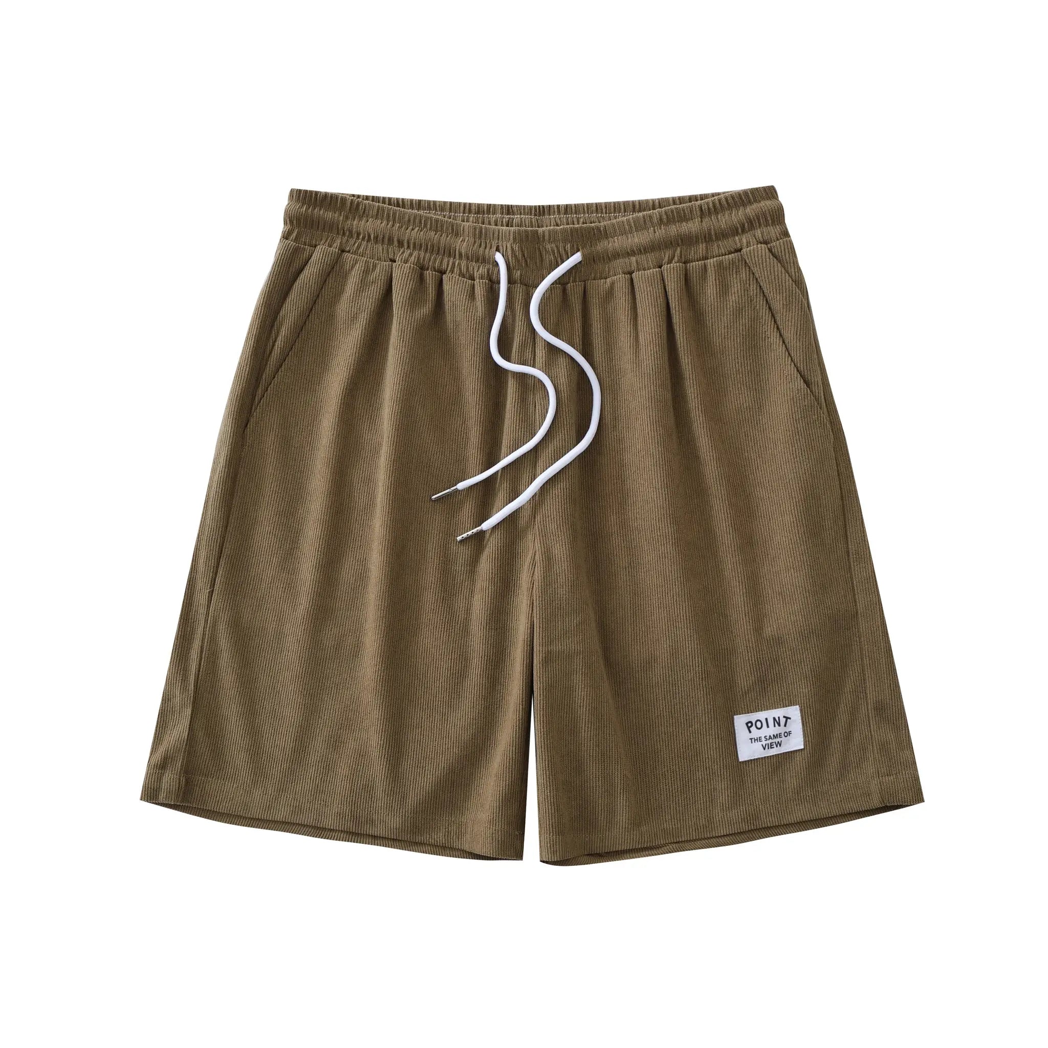 Men's brown corduroy shorts with white drawstring, lightweight loose-fit beach shorts.