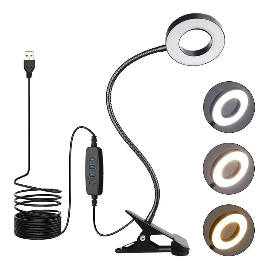 Simples Market black LED desk clip lamp with flexible gooseneck, USB power, clamp base, 3 color temperatures