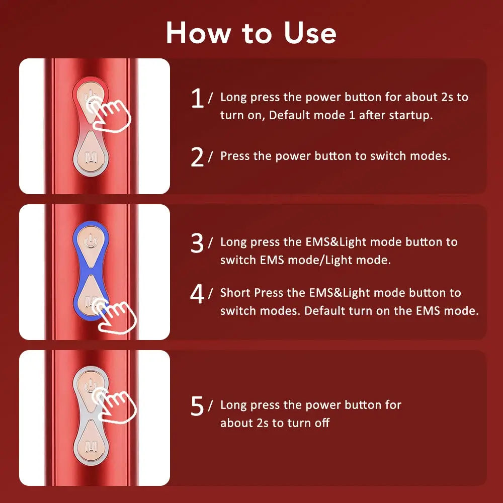 Electric head massager hair growth comb in red with power buttons and step-by-step usage guide.