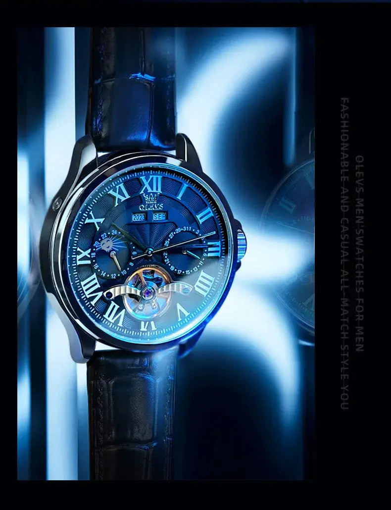 OLEVS 7013 men's watch with blue dial, Roman numerals and exposed skeleton movement, black leather strap