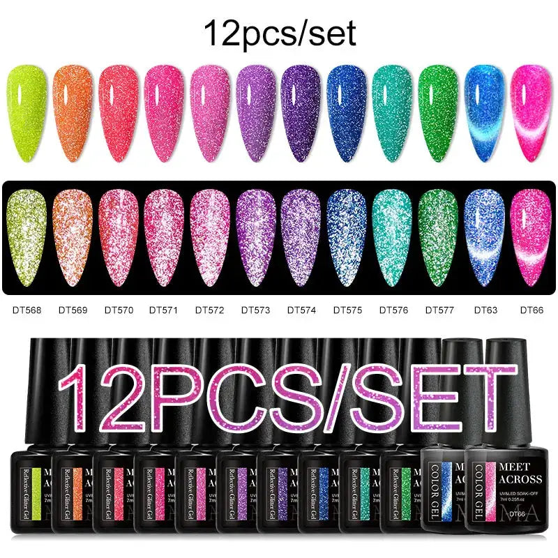 Meet Across 12Pcs Gel Nail Polish Set by Simples Market; pink glitter and blue macaron shades