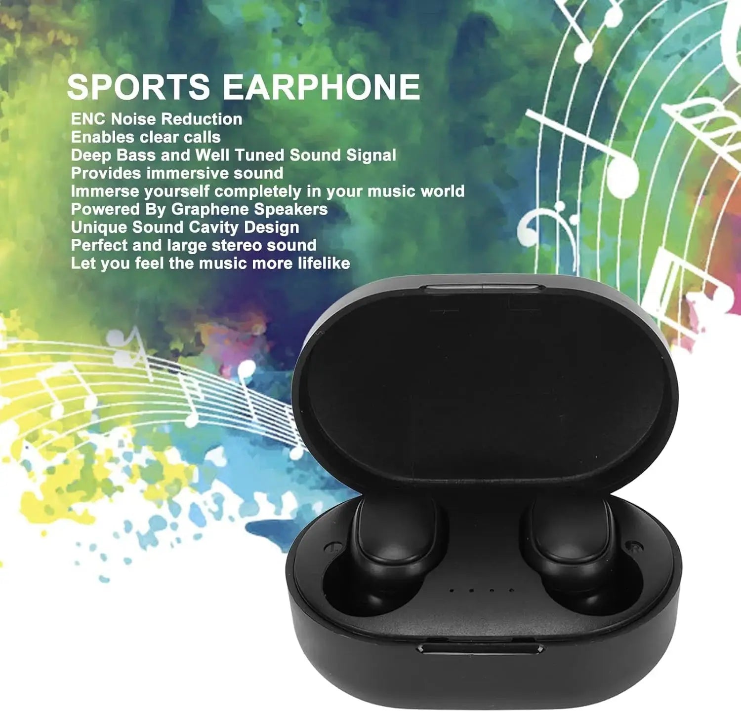 A6S wireless Bluetooth earphones in charging case, black, touch-control sport headset by Simples Market