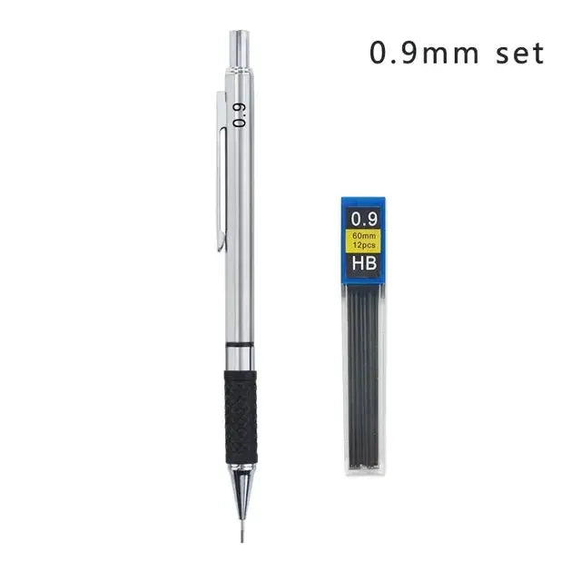 Metal mechanical pencil with grip and 0.9mm HB lead pack; 2-piece drawing set