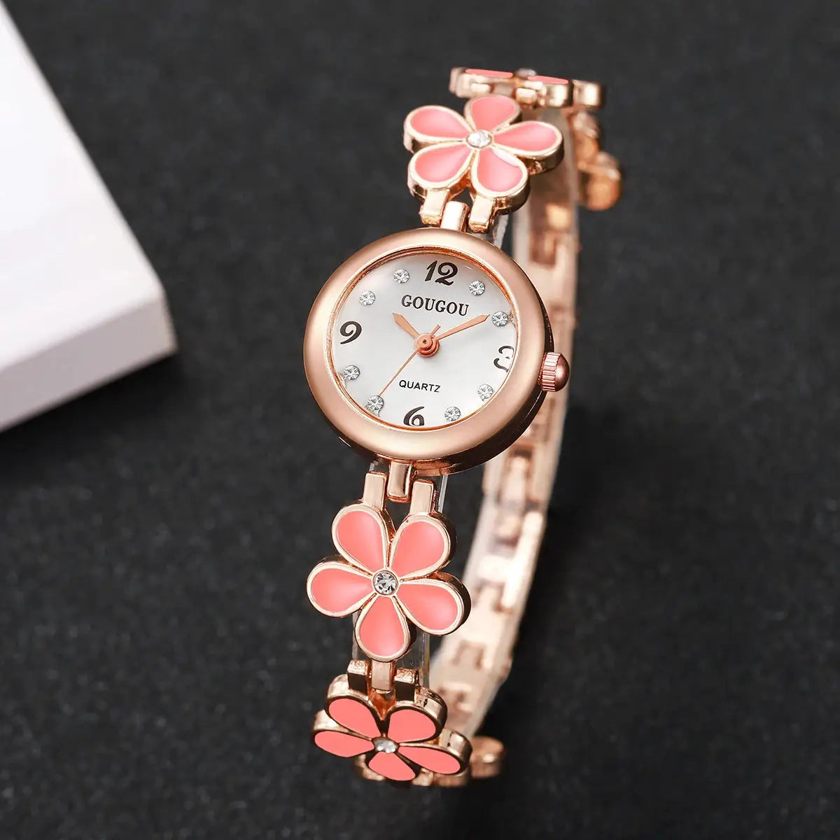 Fashion Flower Bracelet Watch by Simples Market, rose-gold tone with pink enamel flowers and crystal markers