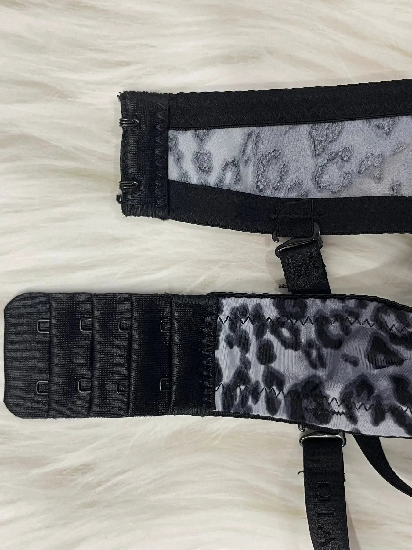 Diana Rose leopard print push-up bra by Simples Market, black band with gray leopard lining, B cup.