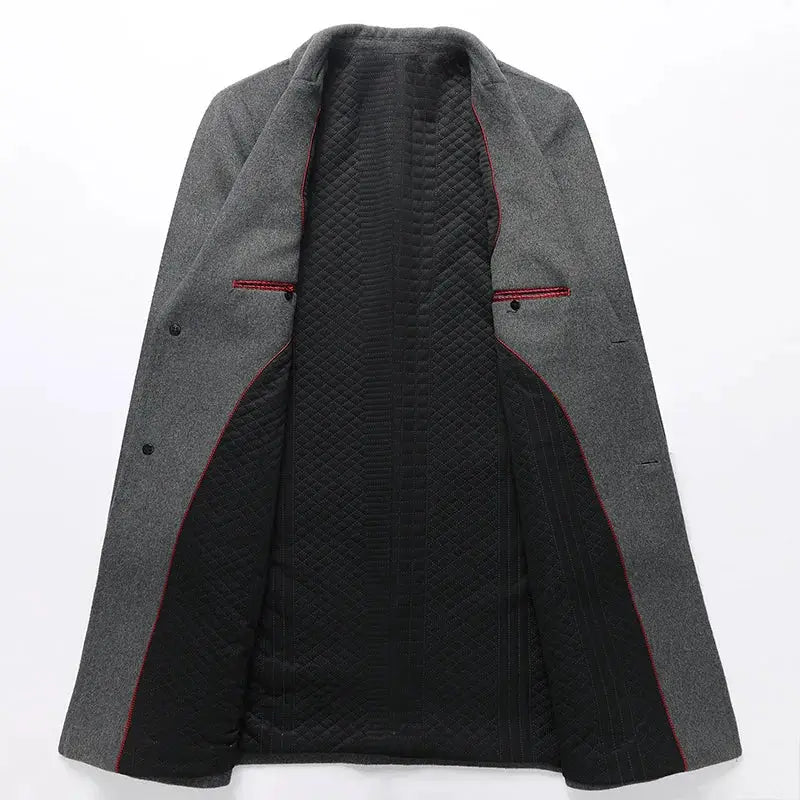 Men's long grey wool trench coat with quilted black lining and red piping by Simples Market.