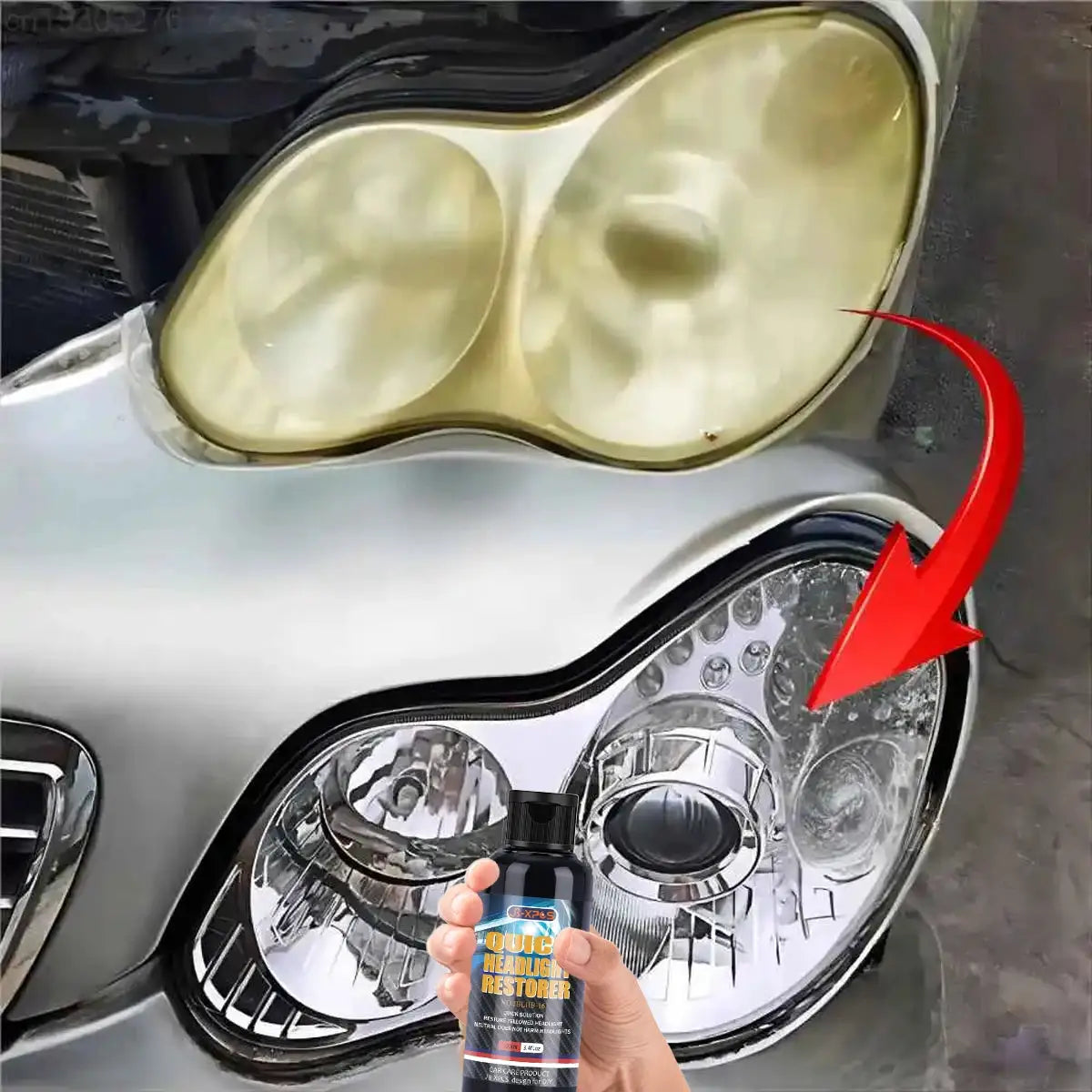Headlight restoration polish liquid LHB-16 by Simples Market for removing oxidation on yellowed car headlamps