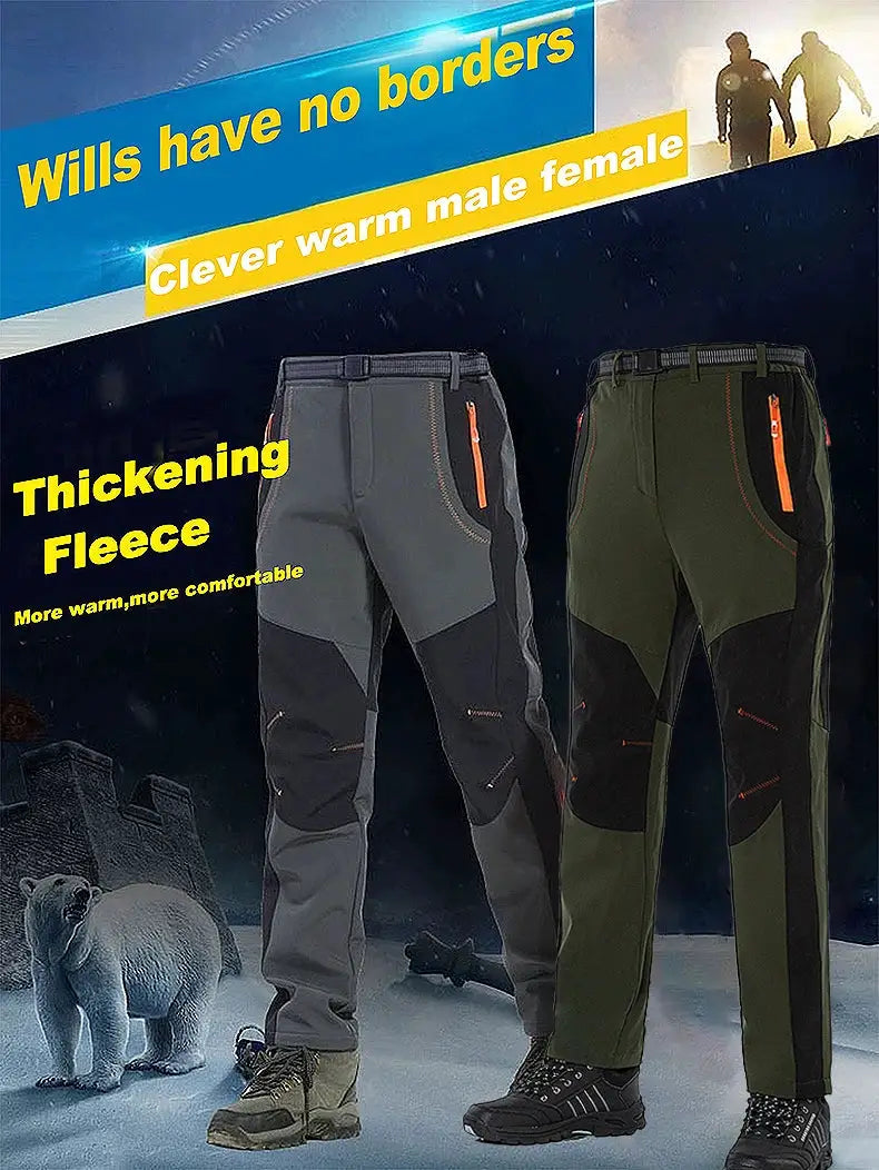 Two pairs of JNLN thick warm fleece hiking pants for men, gray and olive with orange zippers
