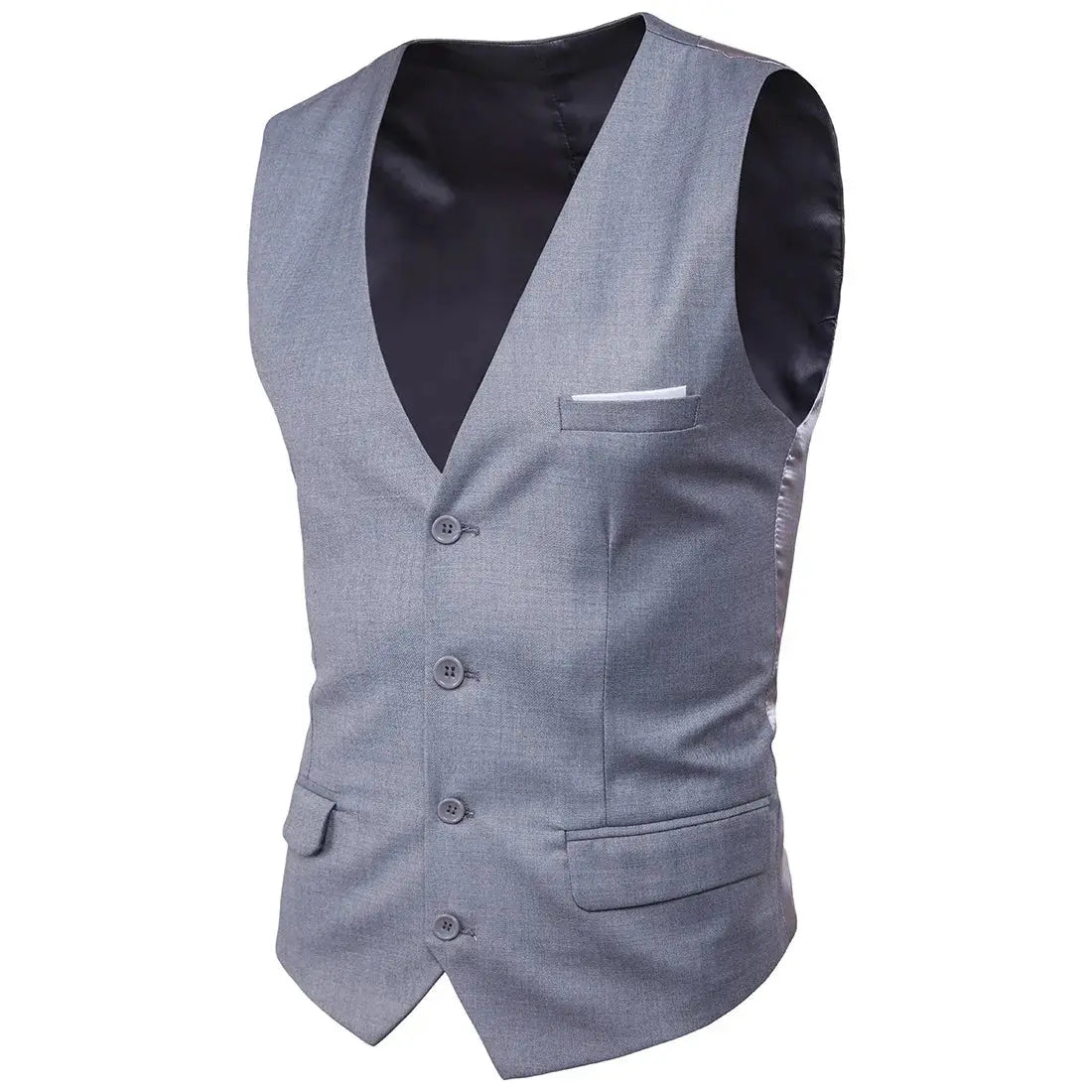 Men's grey waistcoat with five front buttons, black lining and white pocket square