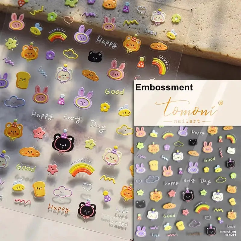 Nail art stickers: pink translucent jelly-texture 5D embossed, self-adhesive sheet with cute fruit and animal decals