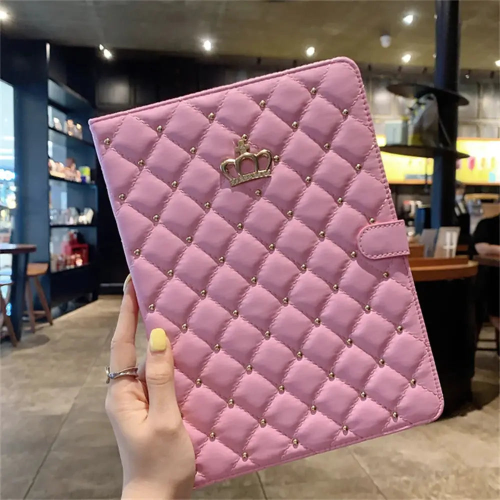 Ipad Lambskin Stand Smart Case Crown Rivet Design Plaid Pattern Scratch Resistant PU Leather