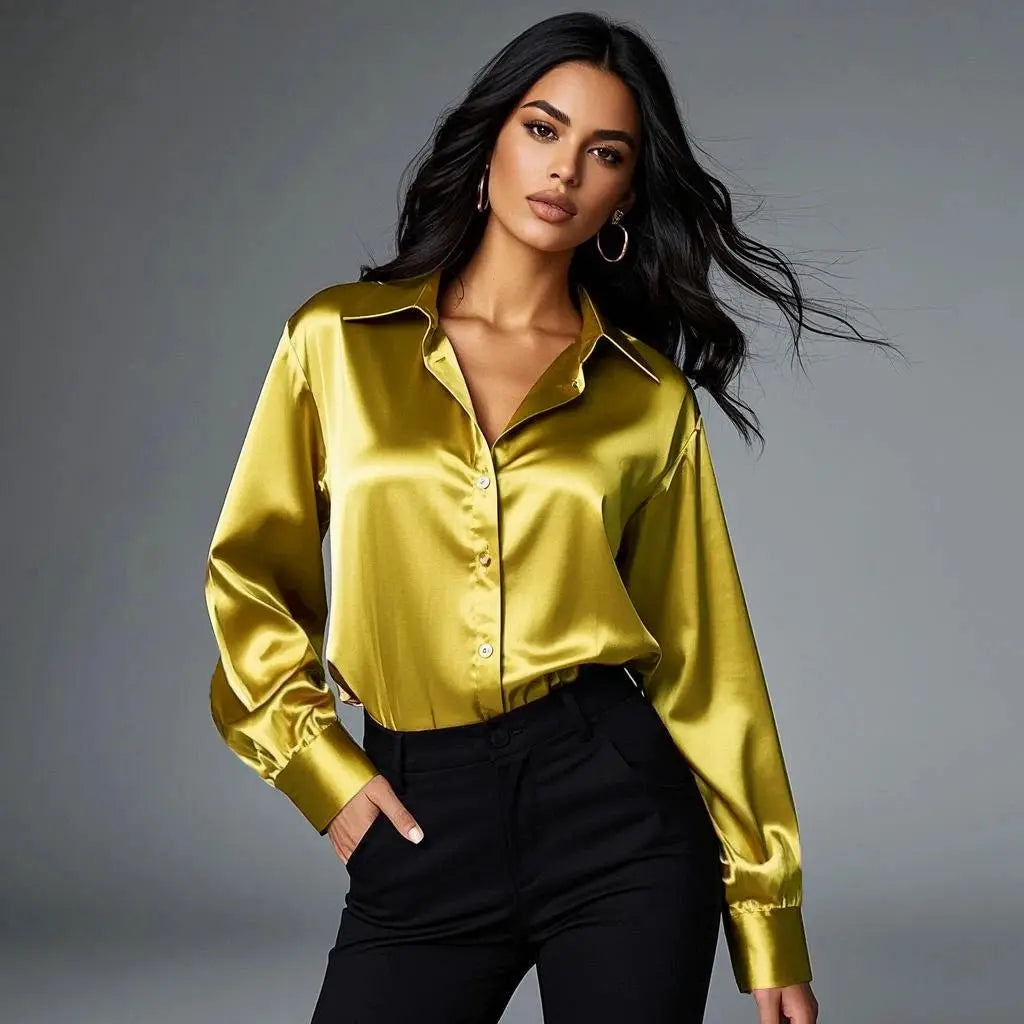 Women's satin gold blouse with long sleeves and collar, button-down, styled with black trousers