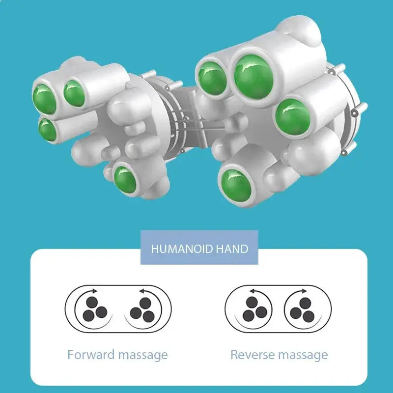 White humanoid-hand neck and shoulder massager with green kneading nodes; dual forward/reverse massage.