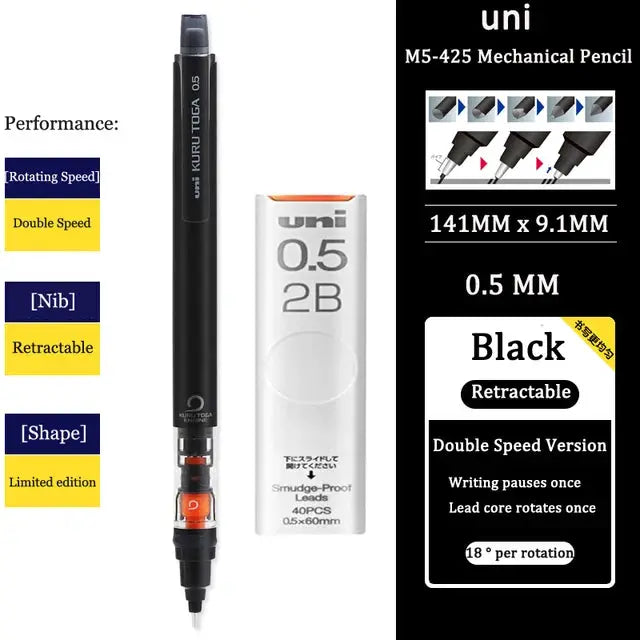 UNI Kurutoga M5-452 mechanical pencil and lead box, black 0.5mm