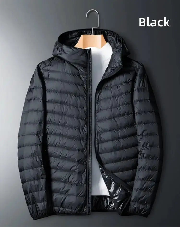 UETEEY men's black down jacket, hooded, ultralight windproof waterproof coat for autumn/winter