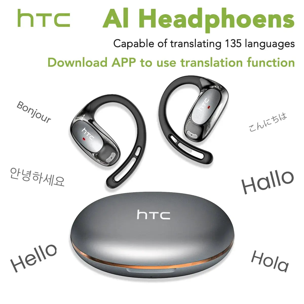 HTC NE35 wireless AI translation earphones with silver earbuds and gray charging case