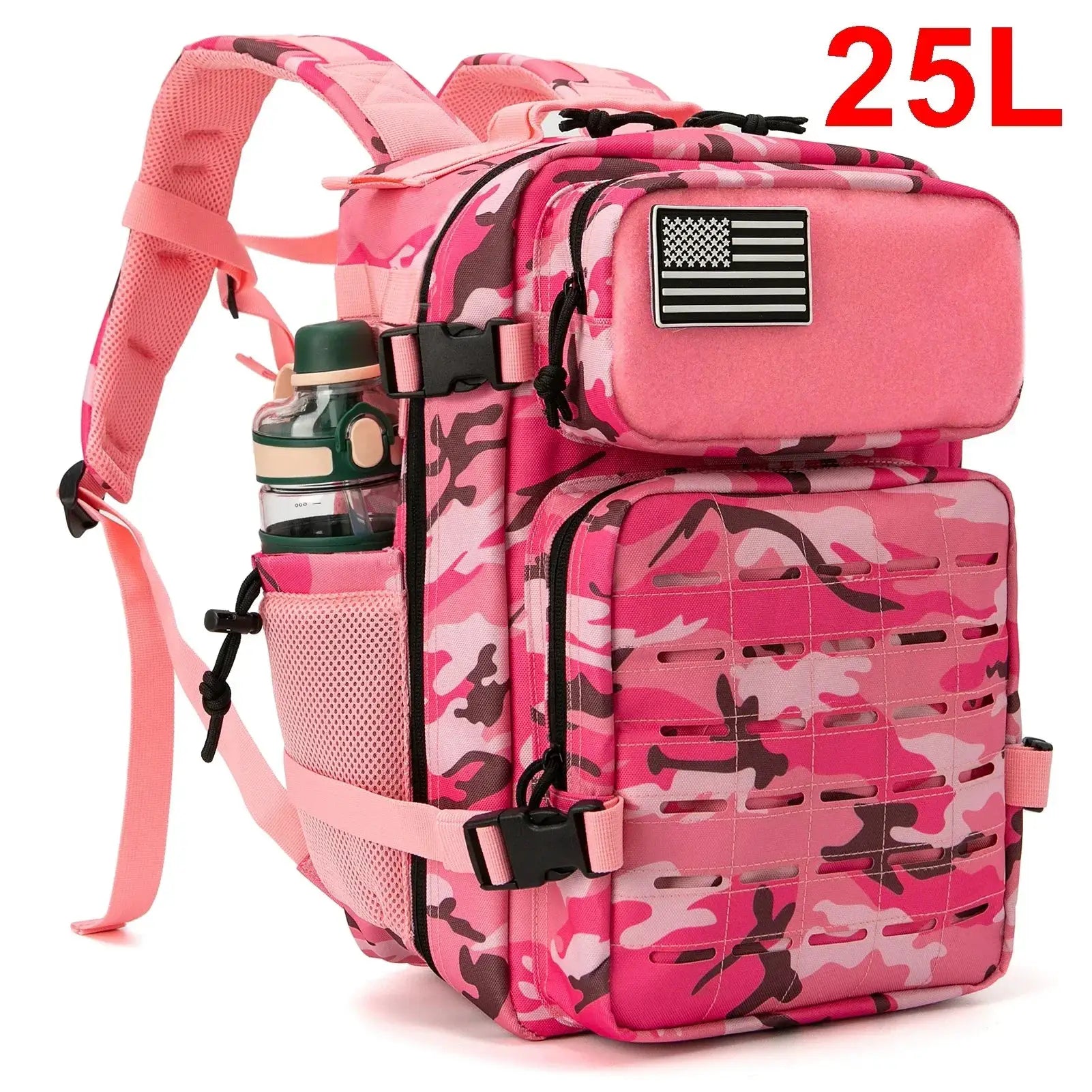 Tactical backpack in pink camo with water bottle holder, 25L/45L capacity