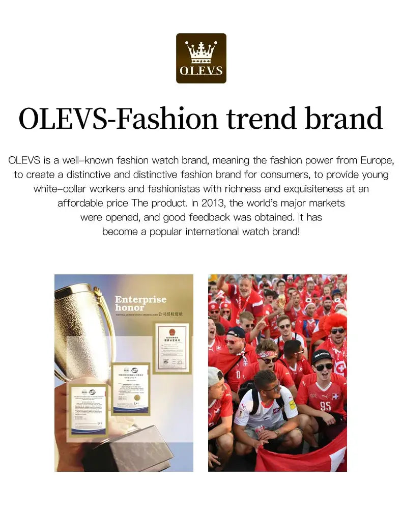 OLEVS brand page with logo and brand story, showcasing enterprise honors awards and red-clad sports fans
