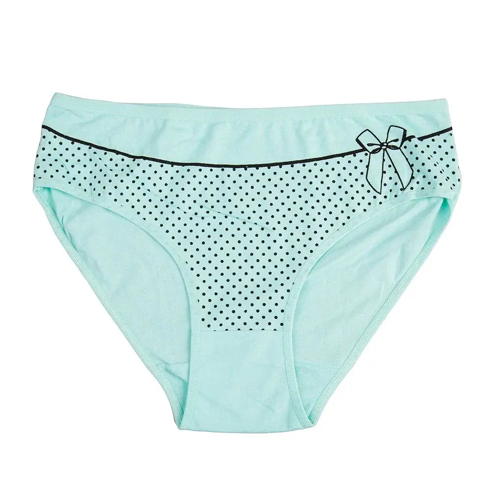 Women's cotton briefs in mint green with a black polka-dot panel and bow, mid-rise