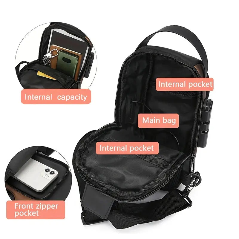 Stylish men's sling bag in black Oxford fabric with phone pocket and multiple internal pockets