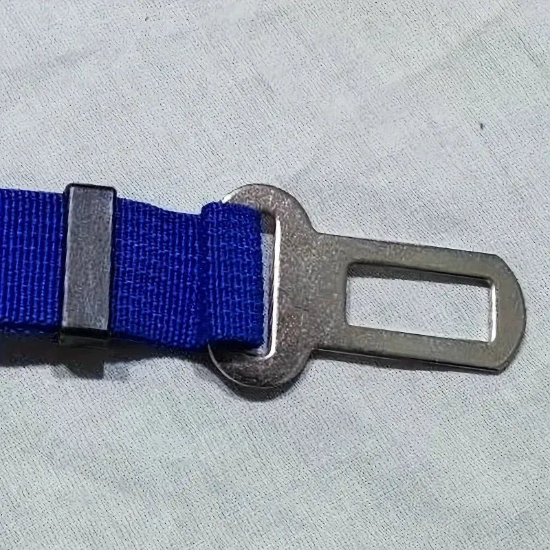 Pet seat belt adapter with blue nylon strap and metal car clip