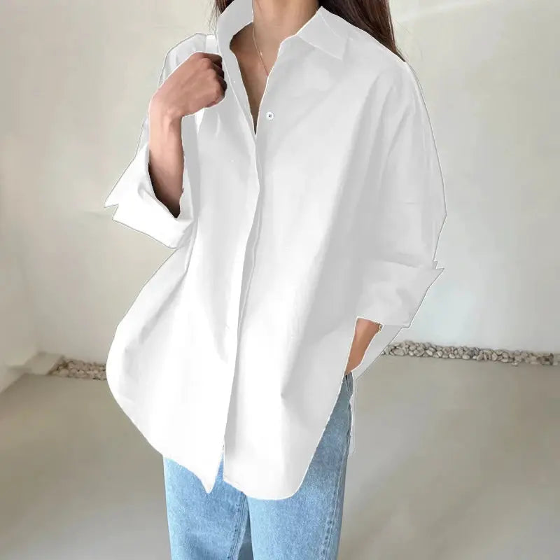 Simples Market ZANZEA oversized white button-up long-sleeve shirt with turn-down collar