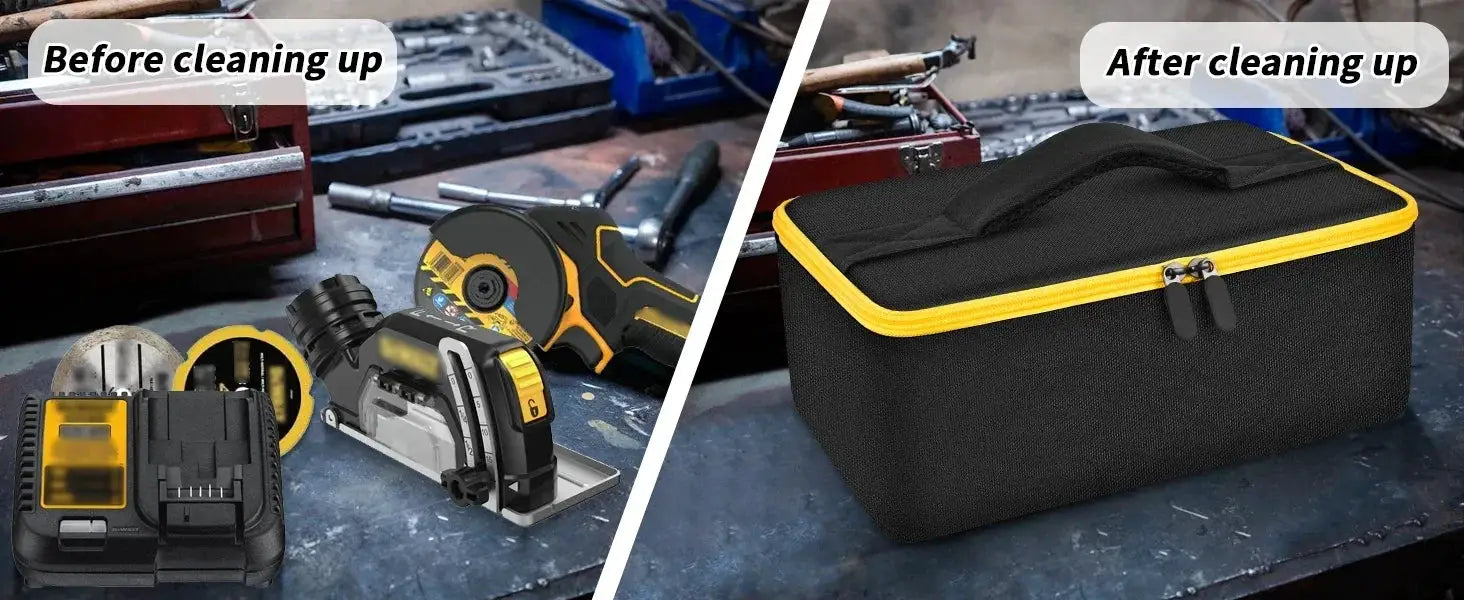 Simples Market storage bag for DEWALT 20V MAX DCS438B; black nylon case with yellow zipper and carry handle