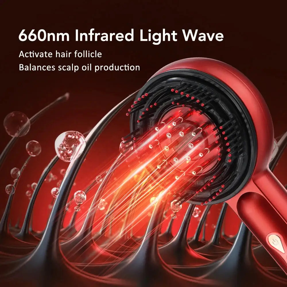 Electric head massager hair growth comb with red infrared light, red handle and black bristles