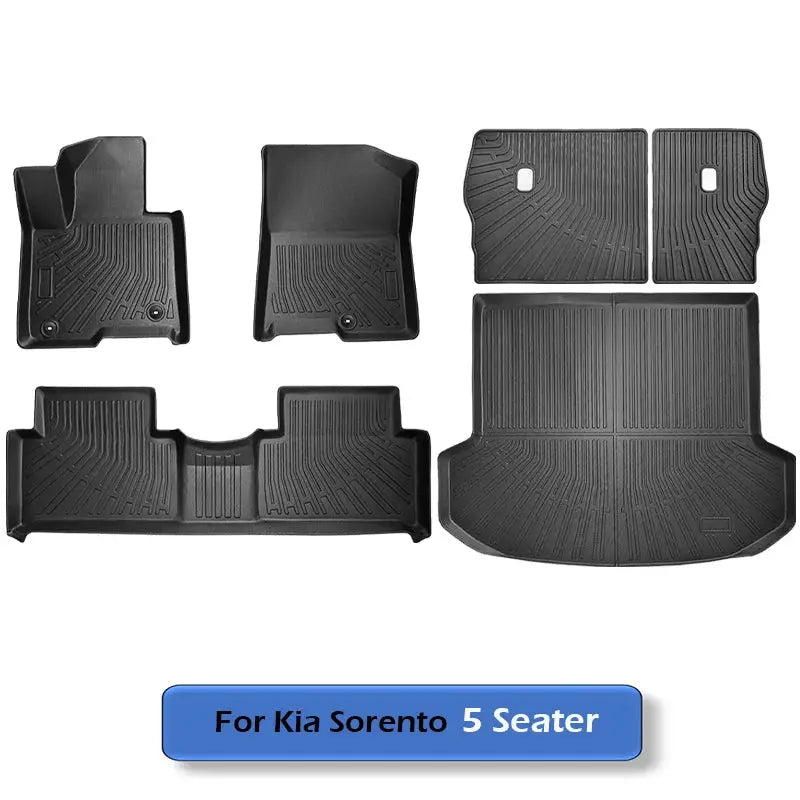 Seven-piece black TPE all-weather floor mat set for Kia Sorento 5-Seater, includes cargo liner.