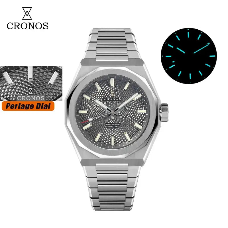 Cronos New Rhombus Perlage 39mm skeleton dial automatic wristwatch with see-through caseback, stainless steel bracelet