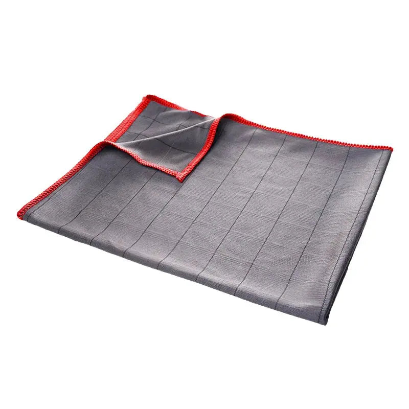 Lint-free carbon-fiber cleaning cloth for glass windows; gray fabric with red trim, reusable.