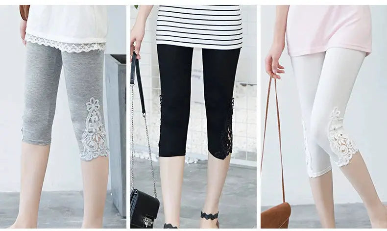 Women cropped lace leggings set in gray, black, and white; 3/4 length capri by Simples Market