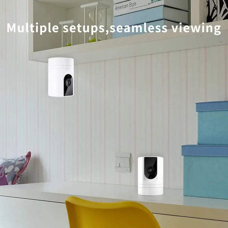 Pet indoor security camera, white, two units, phone-app compatible.