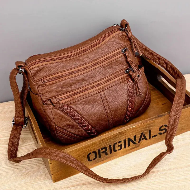 Top Selling Women's Messenger Bag, brown PU leather with braided strap and multiple zip pockets